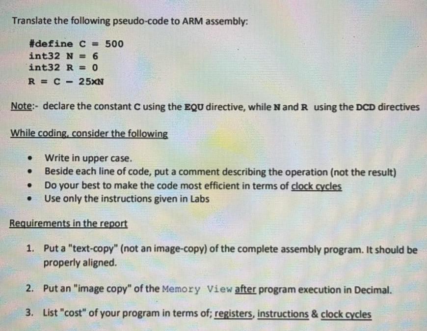 Translate the following pseudo-code to ARM assembly: | Chegg.com