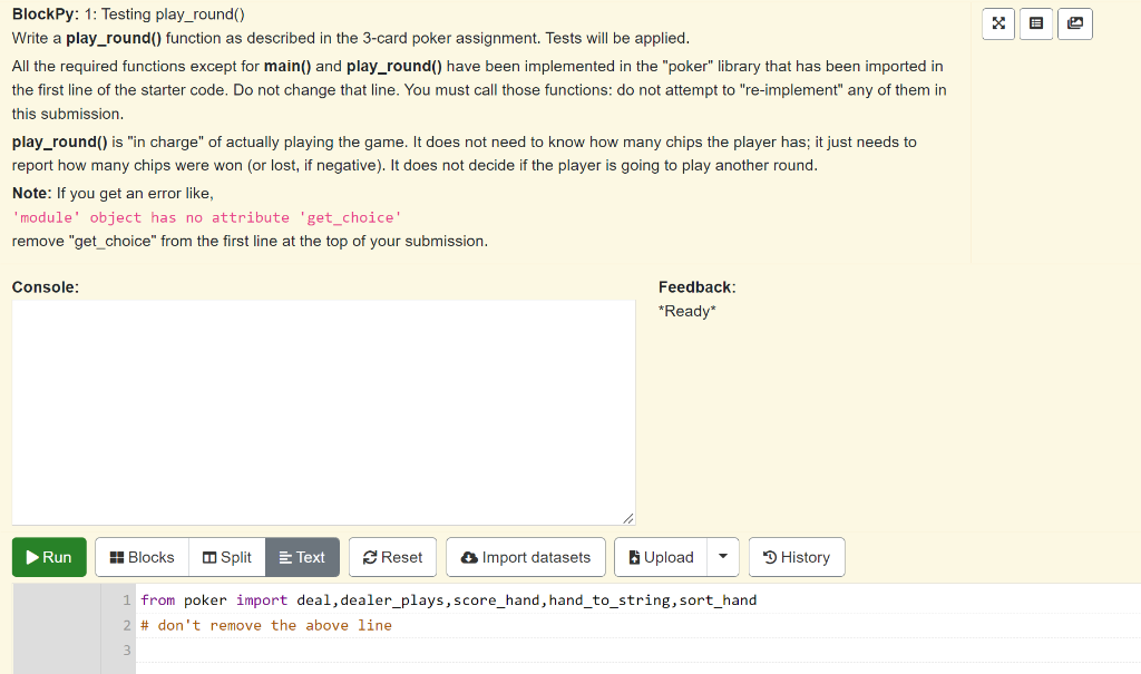 Solved E BlockPy: 1: Testing play_round) Write a | Chegg.com