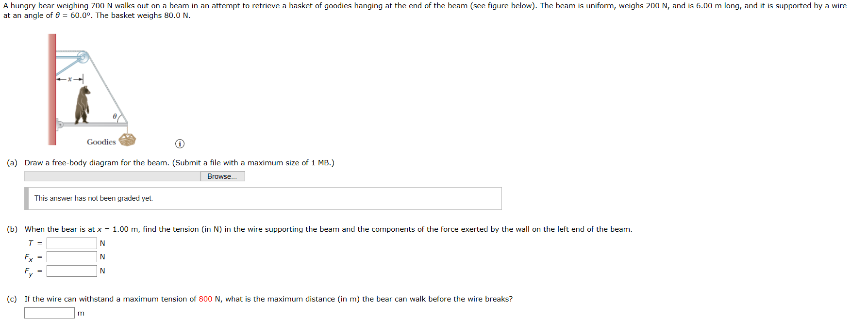 Solved A hungry bear weighing 700 N walks out on a beam in | Chegg.com