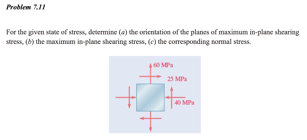 Solved Problem 7.11 For the given state of stress, determine | Chegg.com