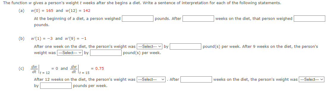 Solved The function w gives a person's weight t weeks after | Chegg.com