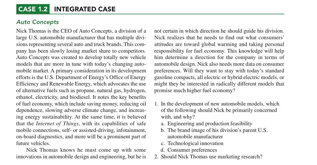 Solved CASE 1.2 INTEGRATED CASE Auto Concepts Nick Thomas is