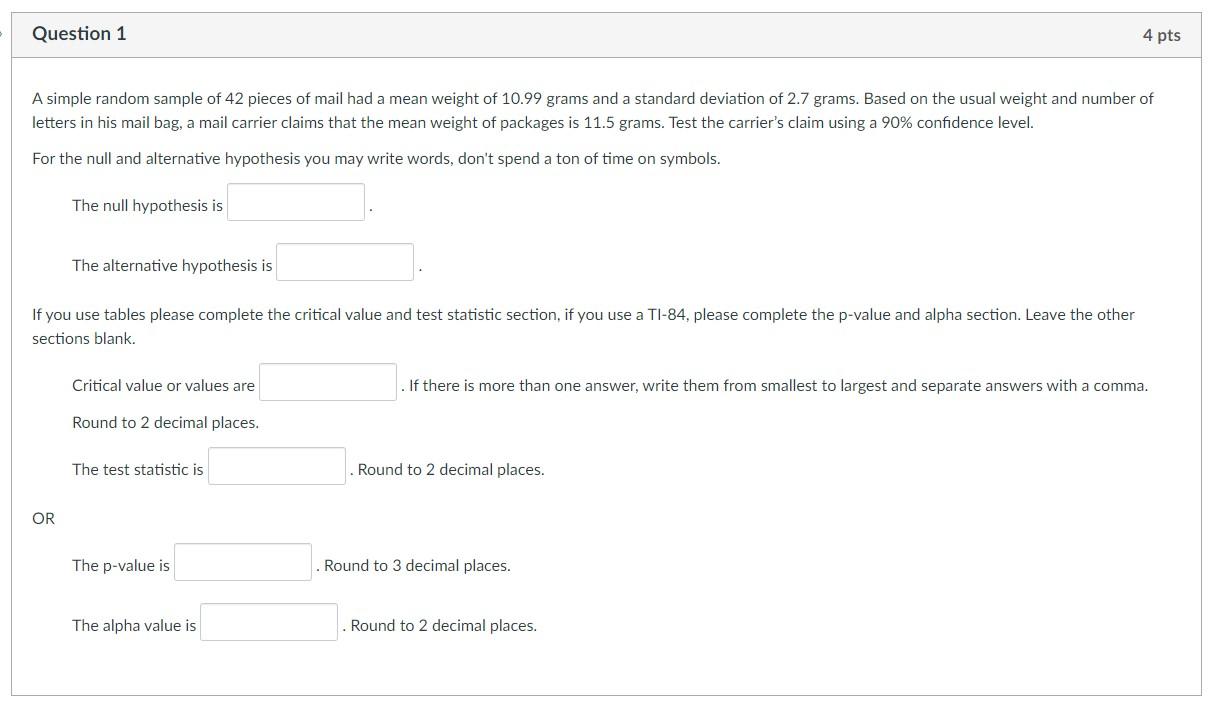 Solved Question 1 4 pts A simple random sample of 42 pieces | Chegg.com