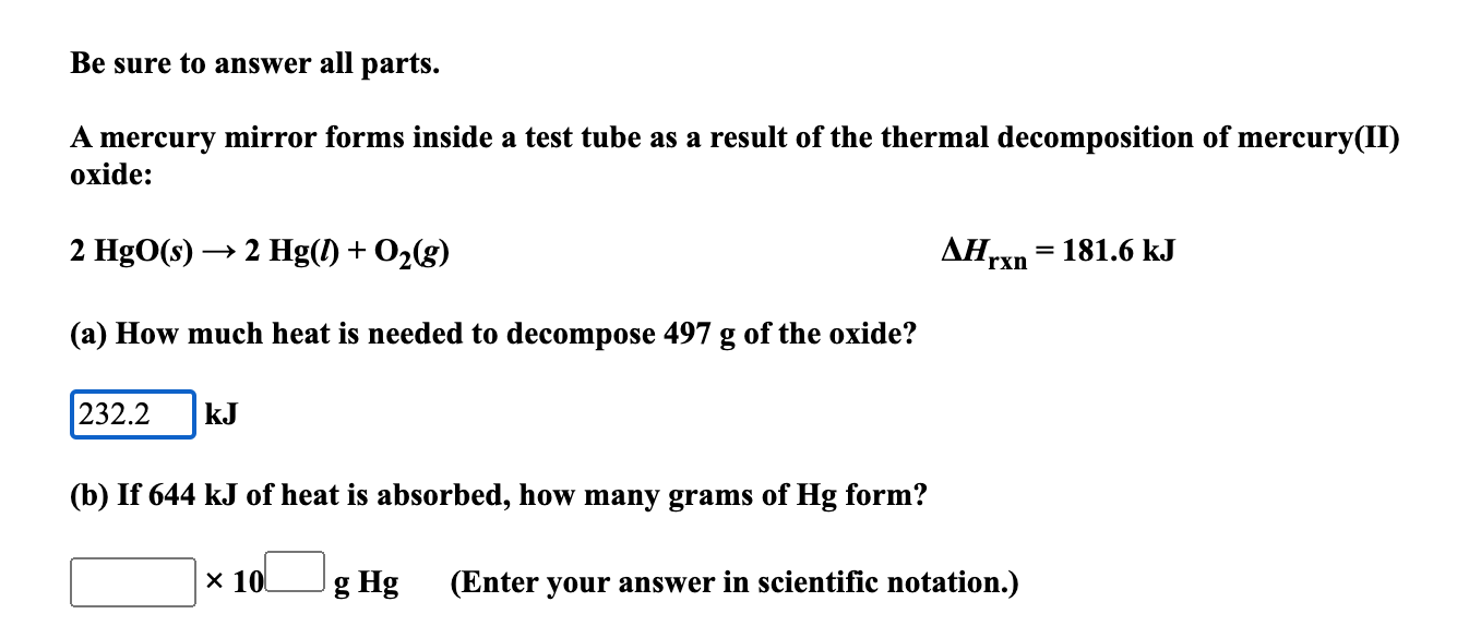 Solved Be sure to answer all parts. A mercury mirror forms