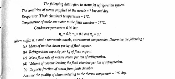 Solved The following data refers to steam jet refrigeration | Chegg.com