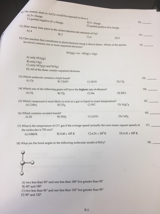 Solved The arsenic atom in AsCl_3 would be expected to have | Chegg.com