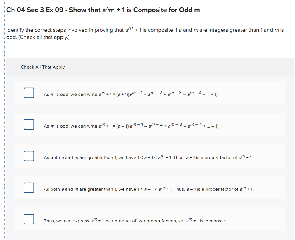 Solved Ch 04 Sec 3 Ex 09 - Show that a^m + 1 is Composite | Chegg.com