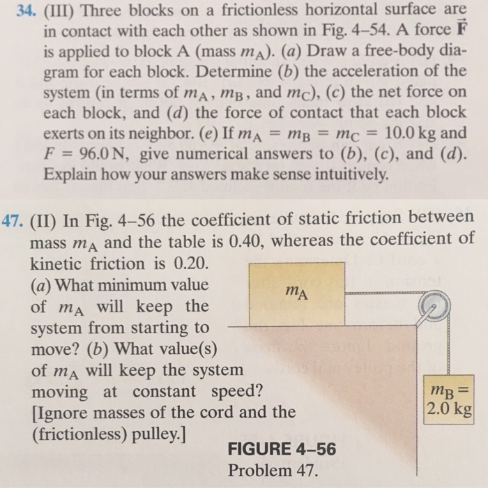 Solved 34. (III) Three blocks on a frictionless horizontal | Chegg.com