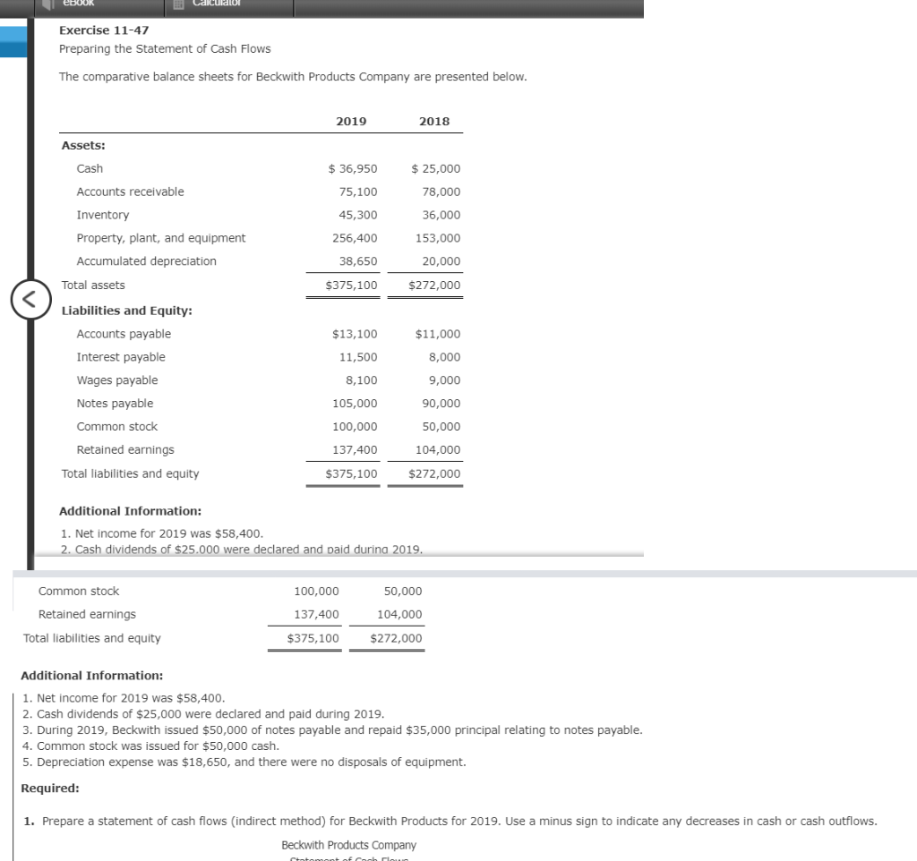 Solved EBOOK Exercise 11-47 Preparing the Statement of Cash | Chegg.com