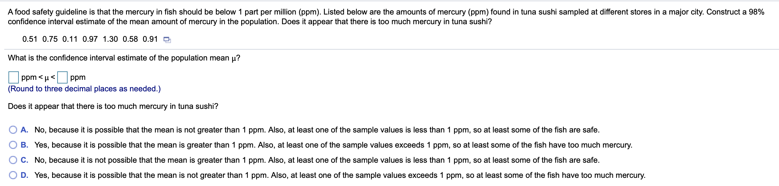 Solved A food safety guideline is that the mercury in fish | Chegg.com