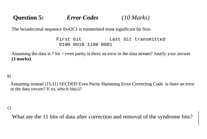 Question 5: Error Codes (10 Marks) The hexadecimal | Chegg.com