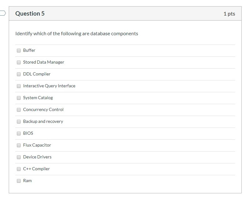 Question 5 1 pts Identify which of the following are database components Buffer Stored Data Manager DDL Compiler Interactive