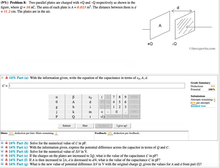 Solved (9%) Problem 8: Two parallel plates are charged with | Chegg.com