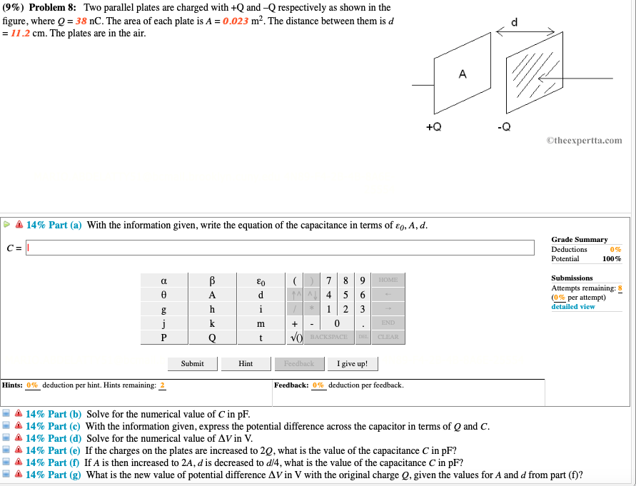 Solved (9%) Problem 8: Two Parallel Plates Are Charged With | Chegg.com