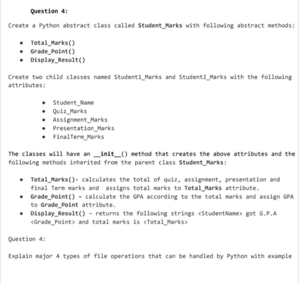 Solved Create a Python abstract class called Student_Marks | Chegg.com
