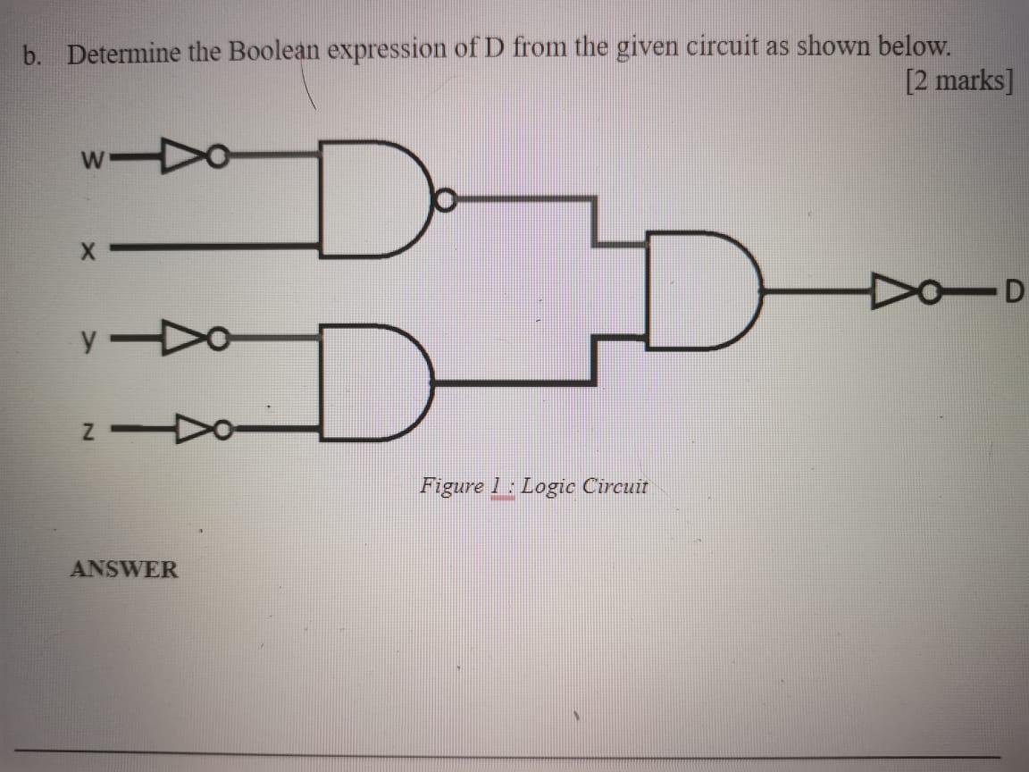 b. Determine the Boolean expression of D from the given circuit as shown below.
[2 marks]
y
N
ANSWER
Figure 1: Logic Circuit
