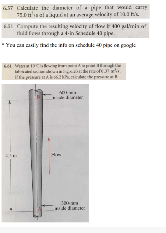 Solved 6.37 Calculate the diameter of a pipe that would