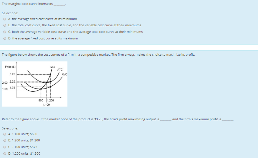 Solved The Marginal Cost Curve Intersects Select One 0 Chegg