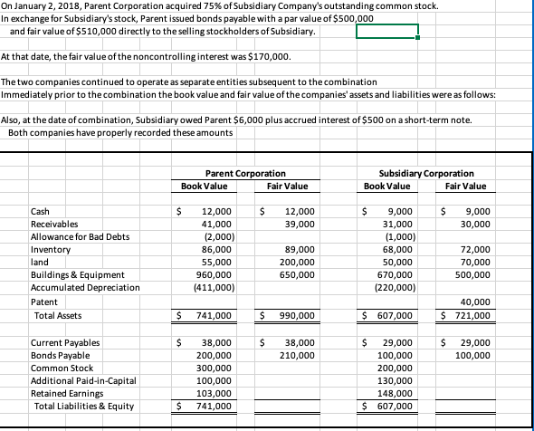 Solved On January 2, 2018, Parent Corporation Acquired 75\% 