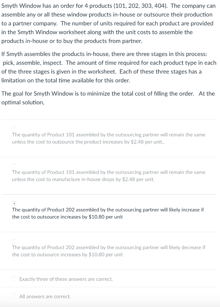 Solved Smyth Window has an order for 4 products (101, 202, | Chegg.com