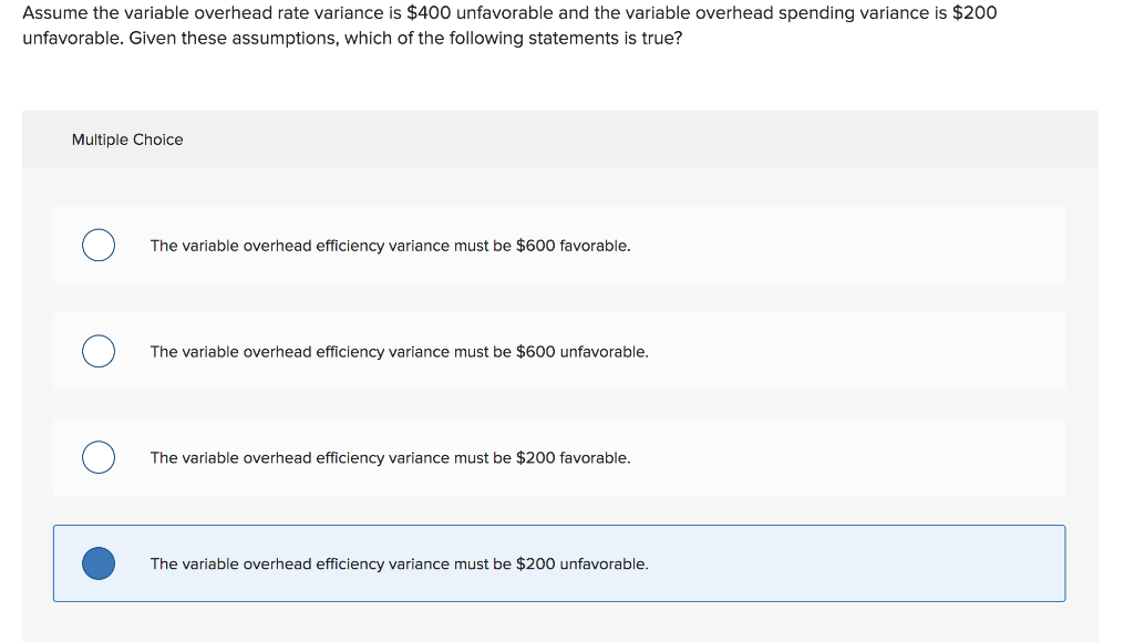 Solved assume the variable overhead rate variance is 400 chegg