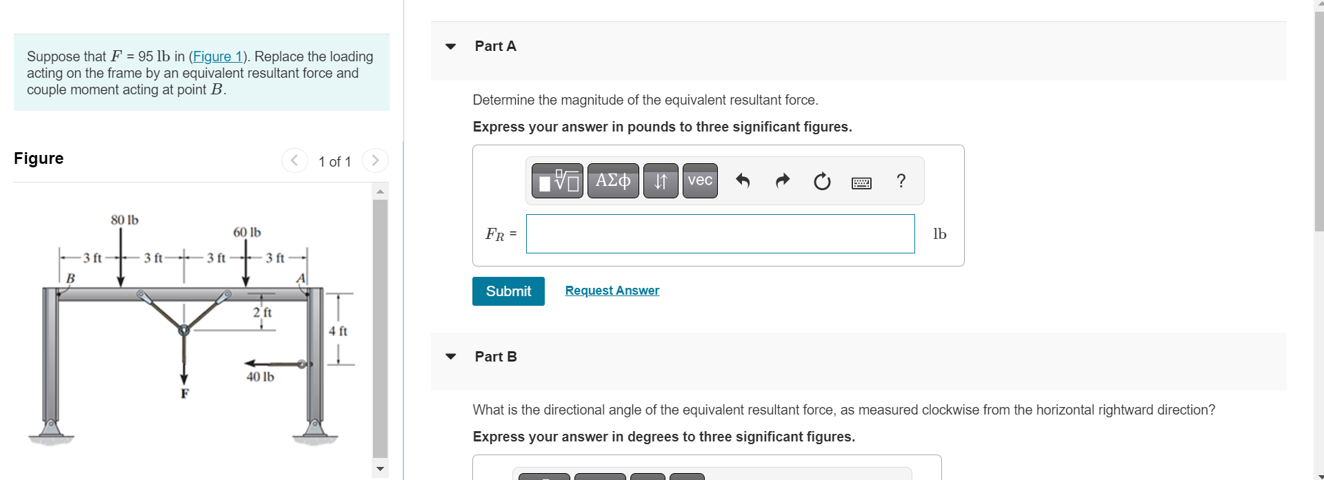 Solved Suppose that F=95lb in (Eigure 1). Replace the | Chegg.com