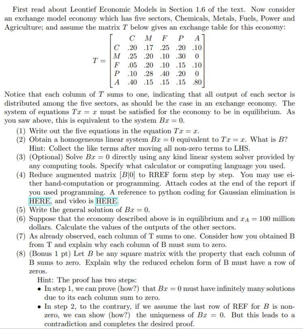 Solved First Read About Leontief Economic Models In Section | Chegg.com