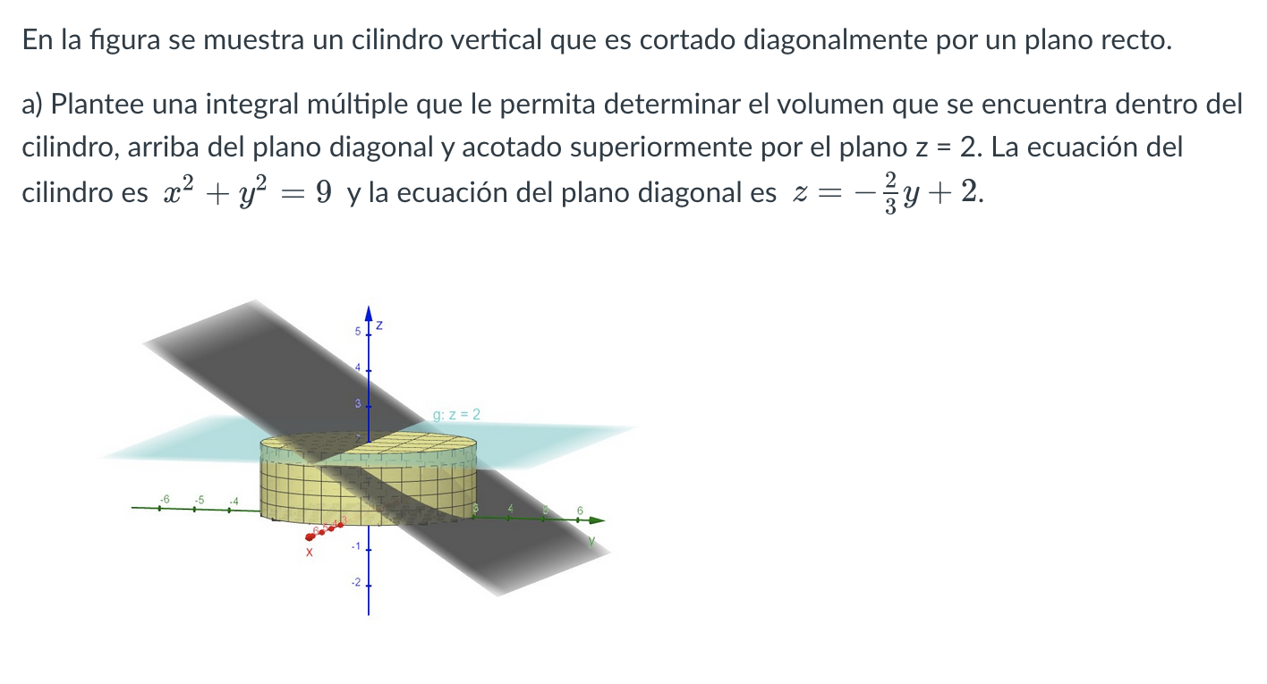 En la figura se muestra un cilindro vertical que es cortado diagonalmente por un plano recto. a) Plantee una integral múltipl