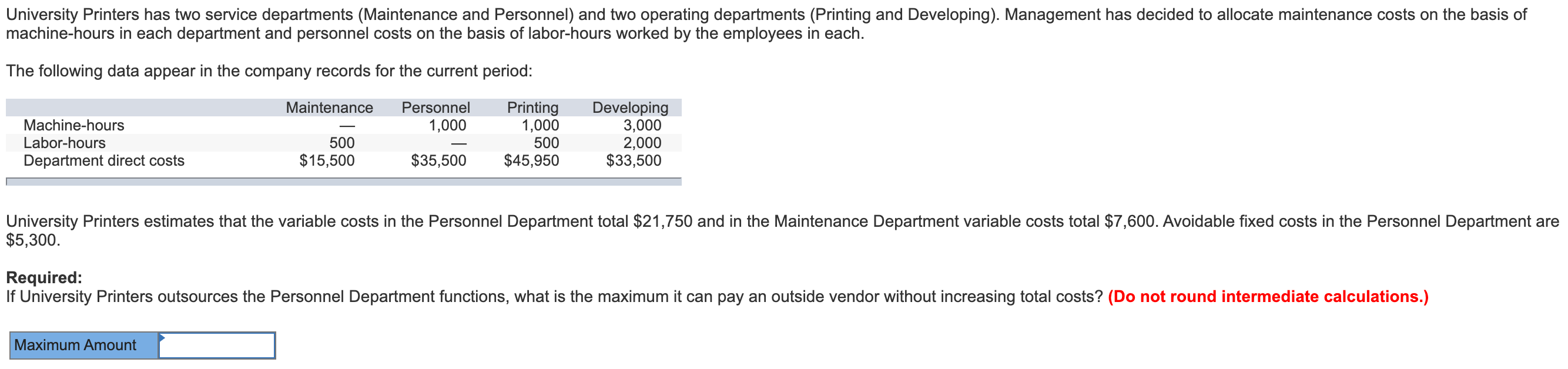 Solved University Printers has two service departments | Chegg.com