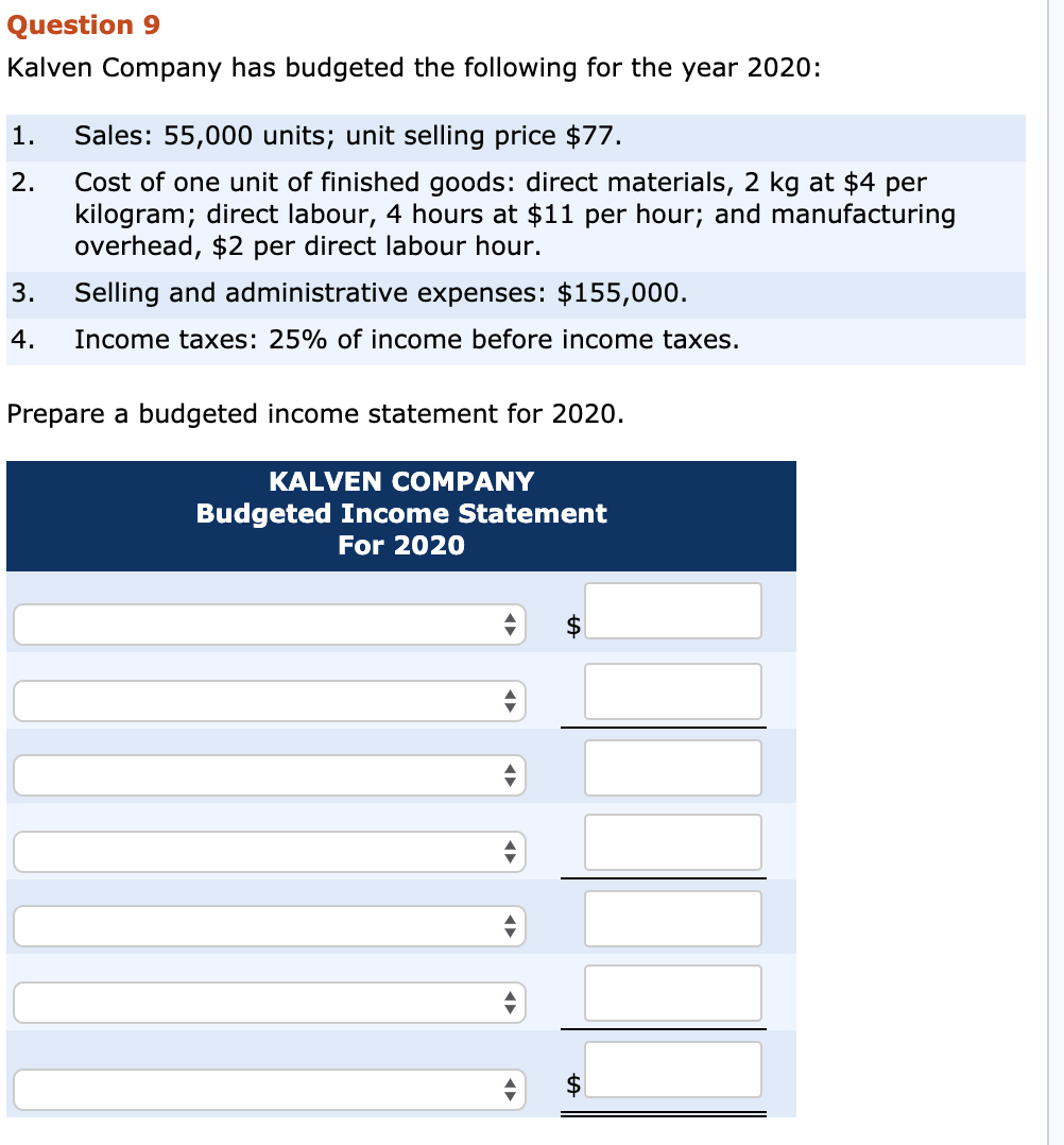 Solved Question 9 Kalven Company has budgeted the following | Chegg.com