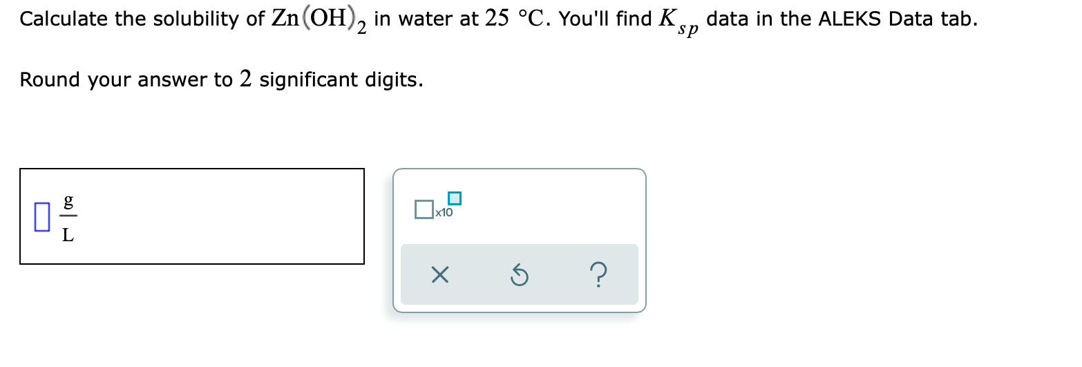 Solved Calculate the solubility of Zn(OH)2 in water at 25 | Chegg.com