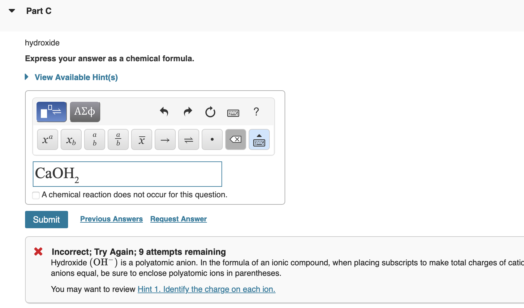 Solved Part ChydroxideExpress your answer as a chemical | Chegg.com