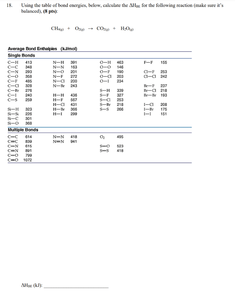 Solved 18. Using The Table Of Bond Energies, Below, | Chegg.com