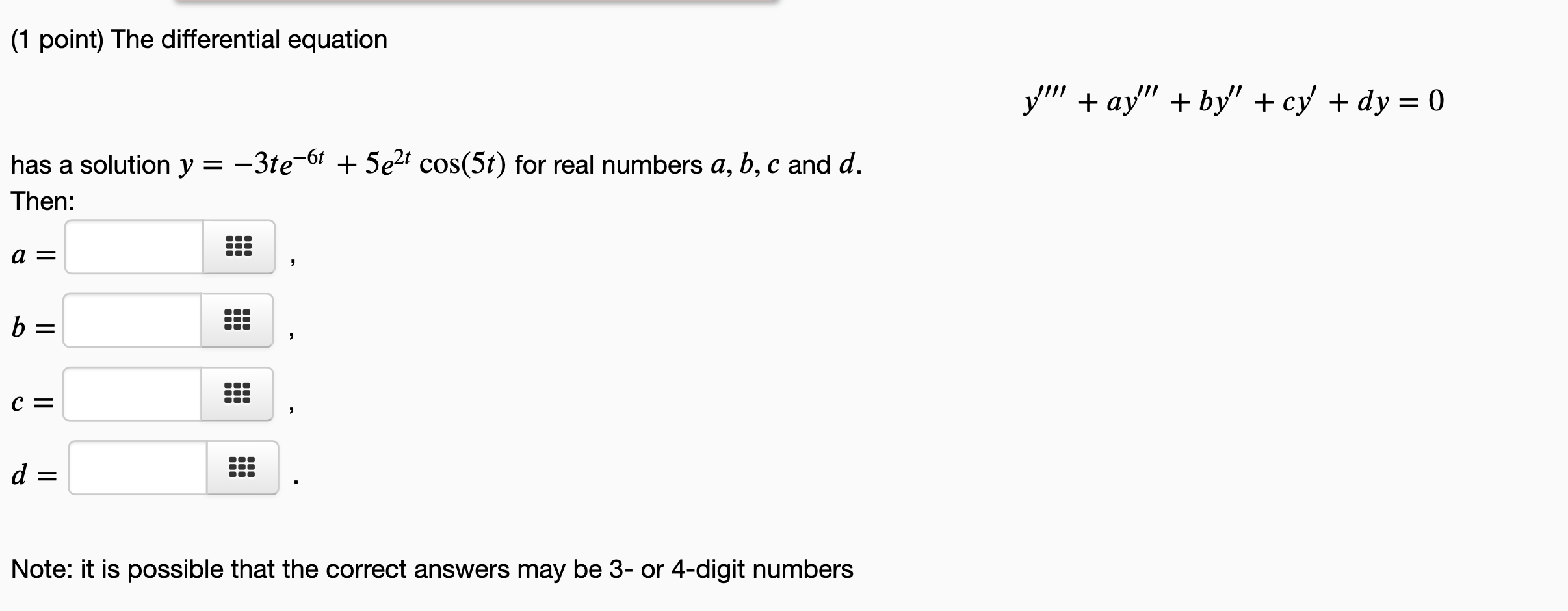 Solved (1 point) The differential equation y'"' + ay" + by''