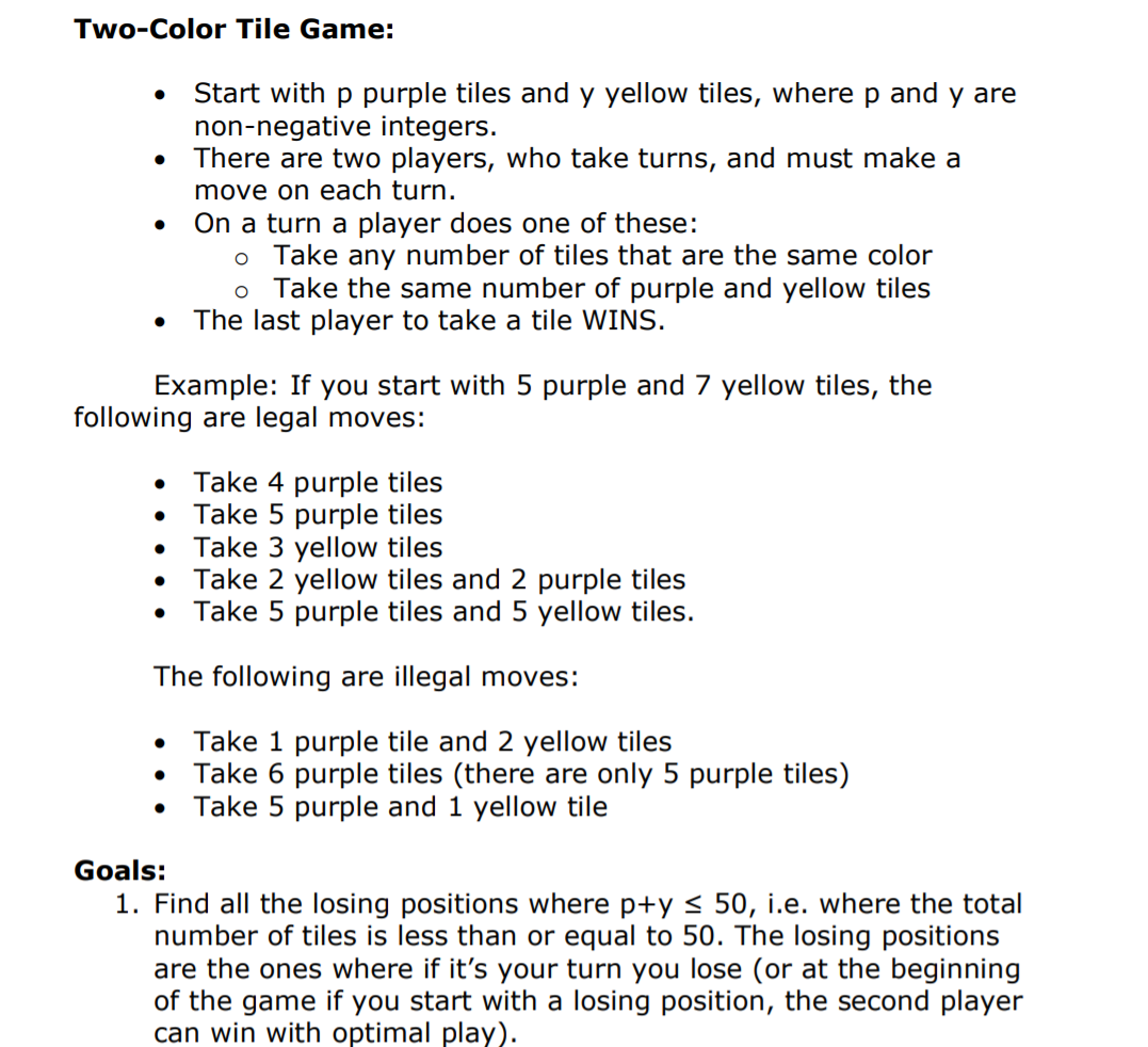 Solved Two-Color Tile Game: Start with p purple tiles and y | Chegg.com