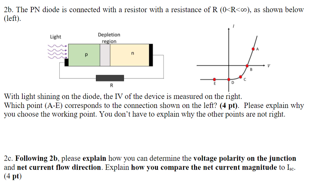 2b. The PN diode is connected with a resistor with a resistance of \( \mathrm{R}(0<\mathrm{R}<\infty) \), as shown below (lef