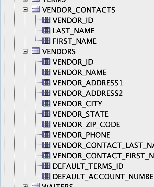 VENDOR_CONTACTS
? VENDOR_ID
? LAST_NAME
? FIRST_NAME
VENDORS
? VENDOR_ID
? VENDOR_NAME
? VENDOR_ADDRESS1
? VENDOR_ADDRESS2
? 