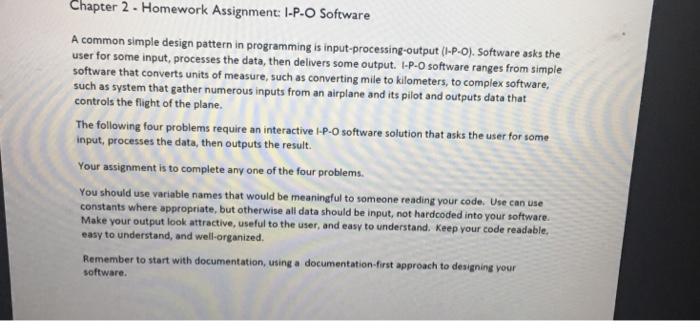 Solved Chapter 2-Homework Assignment: I-P-O Software A | Chegg.com