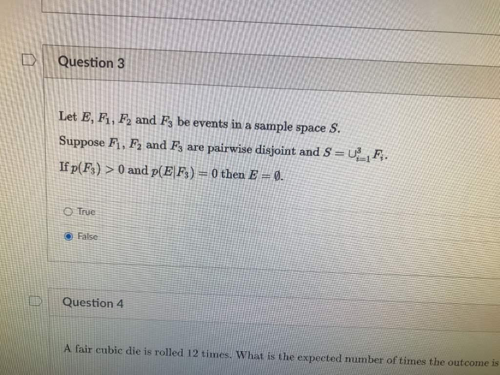 Solved D Question 3 Let E F1 F And Fz Be Events In A Chegg