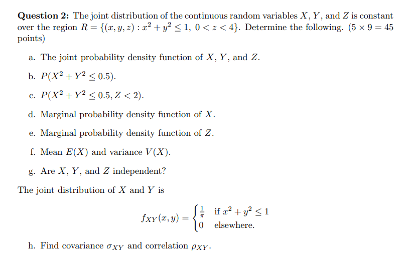 Solved Question 2: The joint distribution of the continuous | Chegg.com