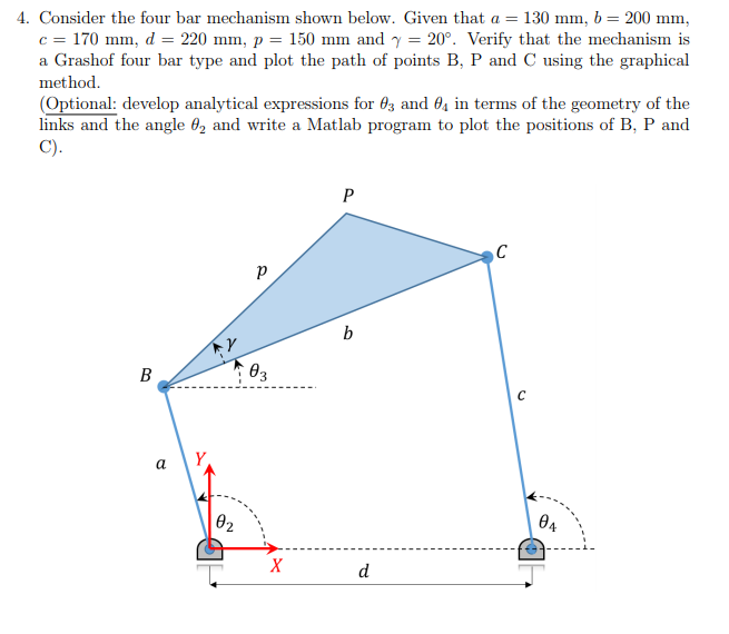 Solved 4. Consider the four bar mechanism shown below. Given | Chegg.com