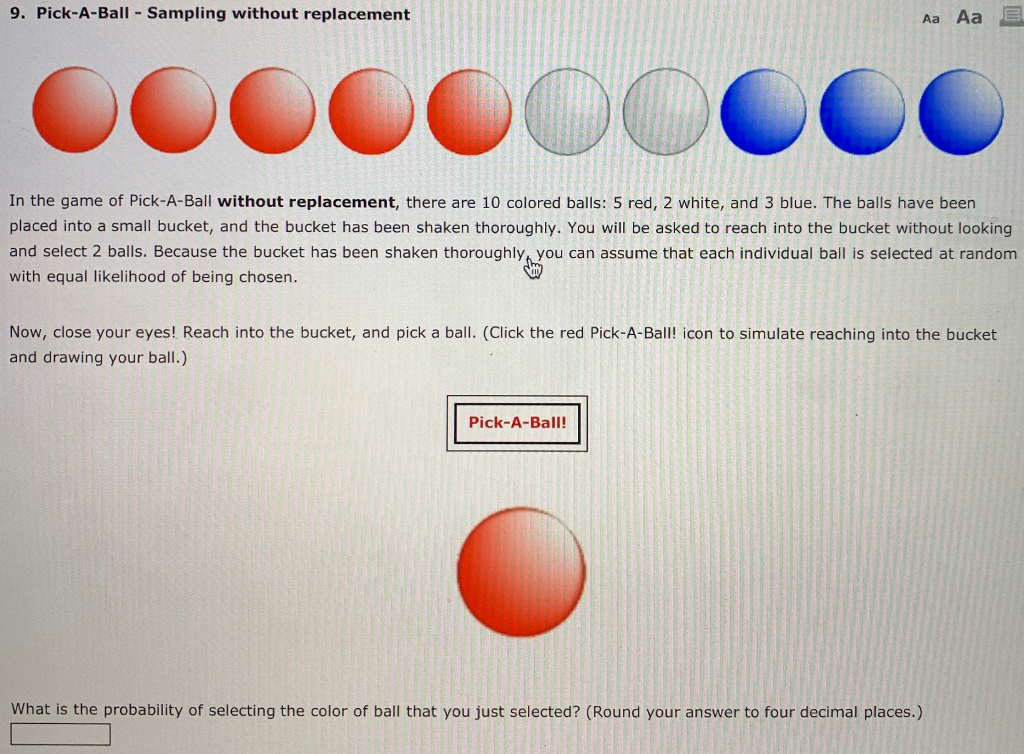 Solved 9. PickABallSampling without replacement Aa Aa In
