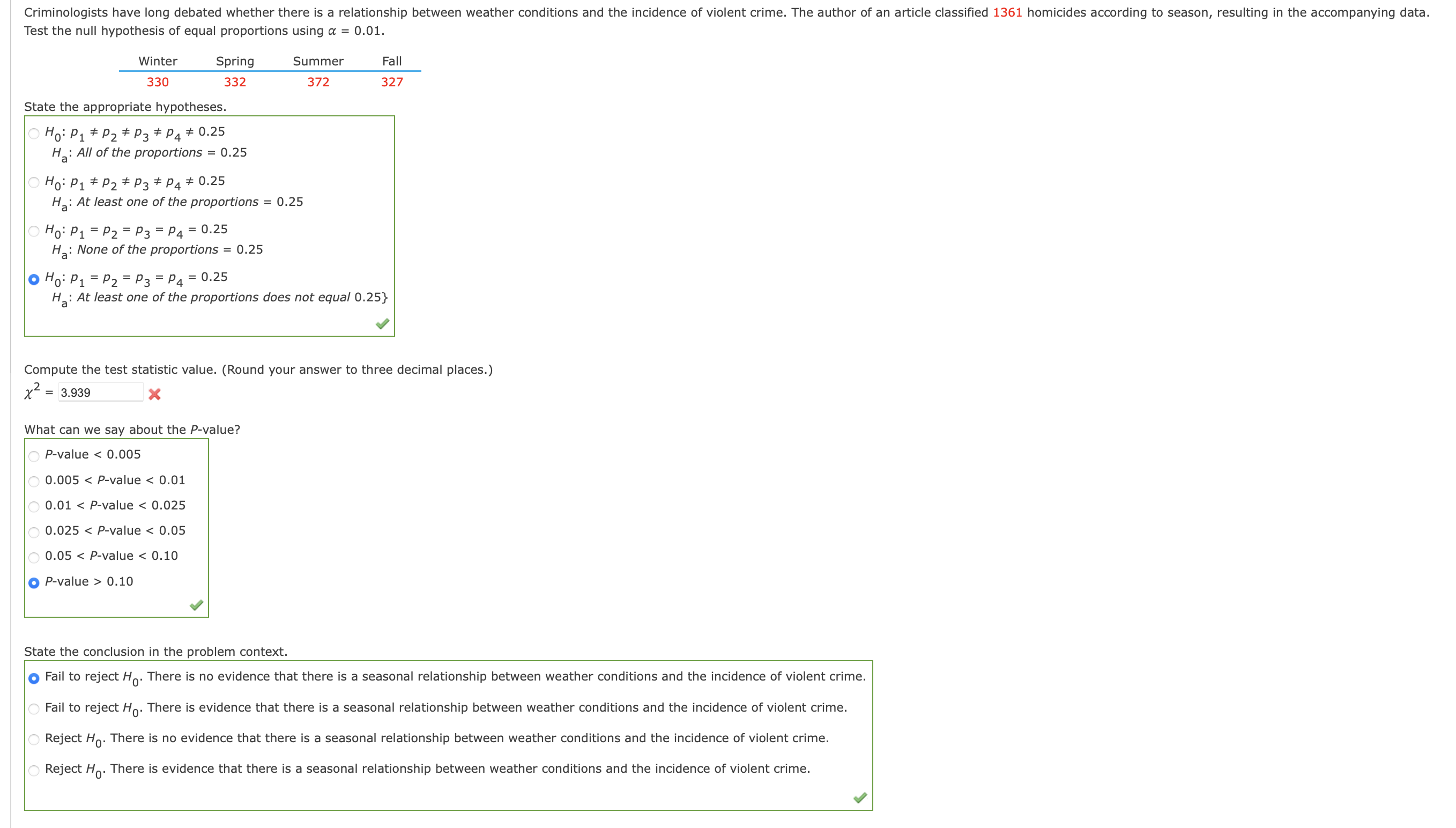 null hypothesis test for equality