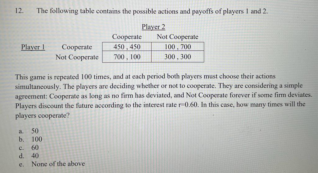 Solved 12. The following table contains the possible actions | Chegg.com