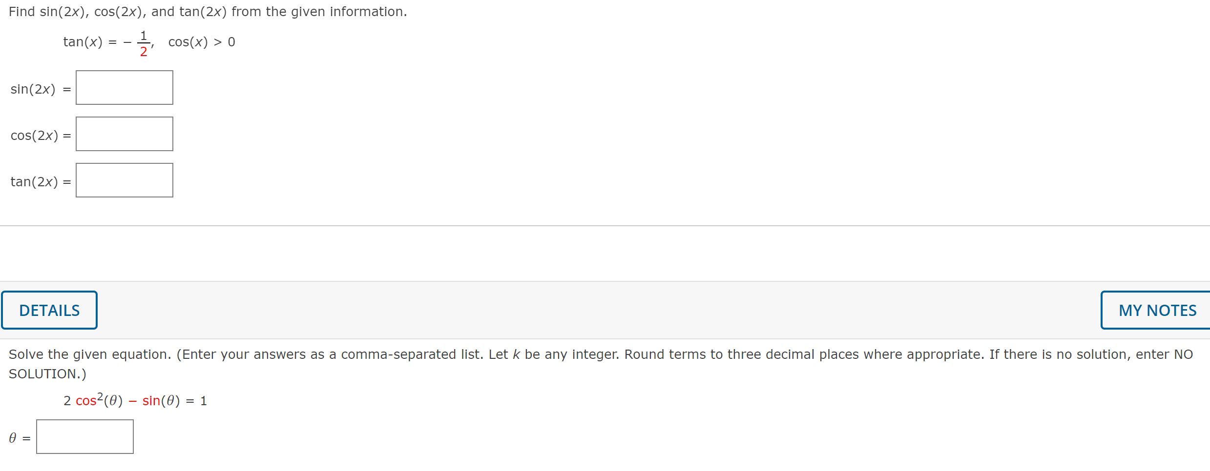 Find Sin 2x Cos 2x And Tan 2x From The Given Chegg Com