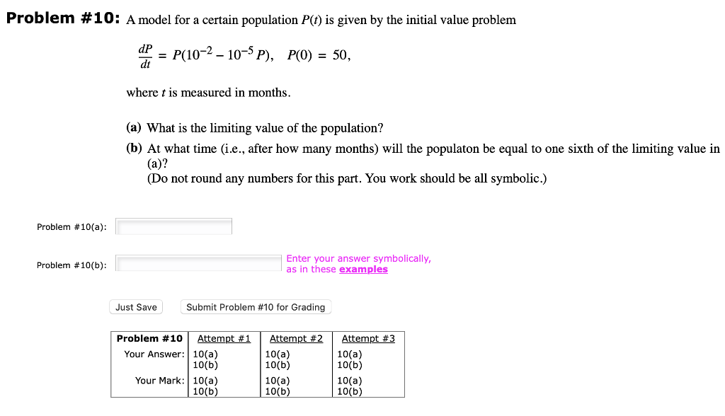 Solved Problem #10 : A model for a certain population P(t) | Chegg.com