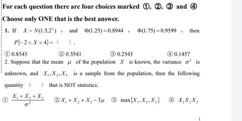 Solved For each question there are four choices marked (1), | Chegg.com