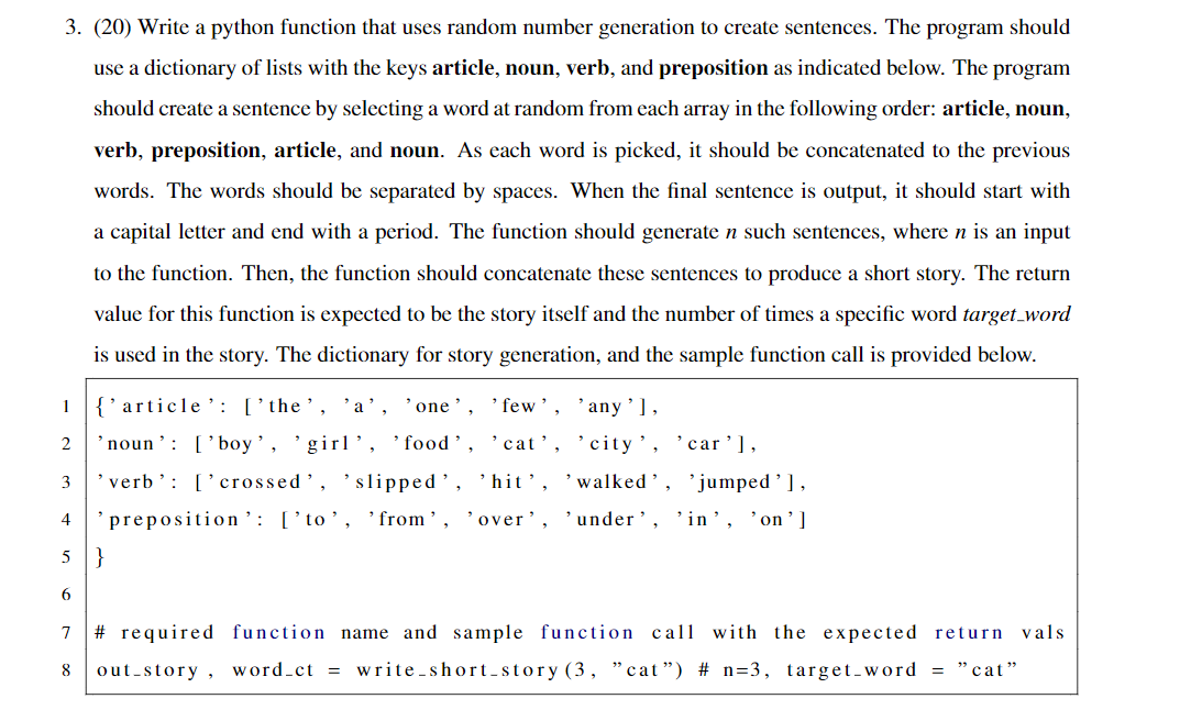 Solved 3. (20) Write a python function that uses random | Chegg.com