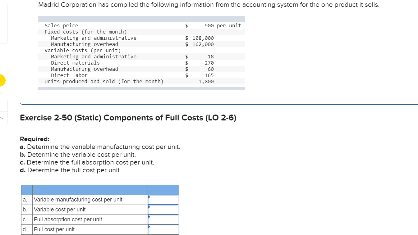 Madrid corporation has compiled the following information from the accounting system for the one product it sells. $ 900 per