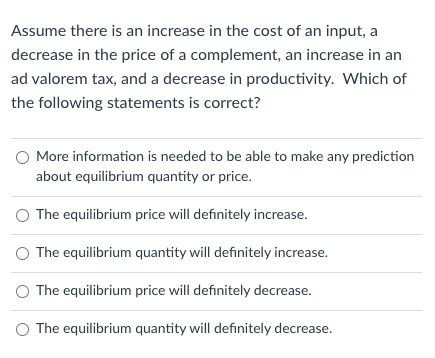 Solved Assume there is an increase in the cost of an input, | Chegg.com